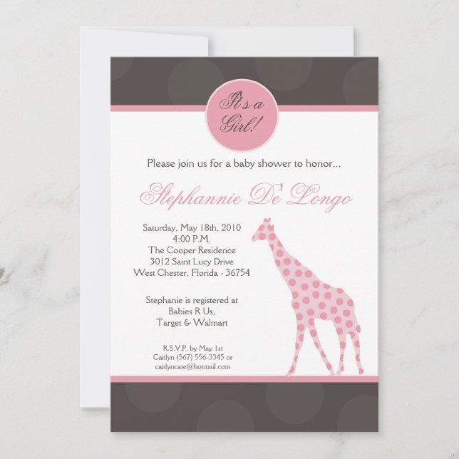 5x7 Pink Polka Dot Giraffe Baby Shower Invitation (Front)