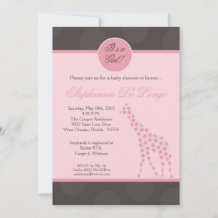 5x7 Pink Polka Dot Giraffe Baby Shower Invitation