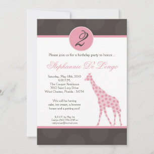 5x7 Pink Polka Dot Giraffe Birthday Par Invitation