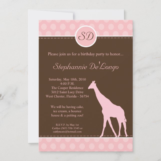 5x7 Pink Polka Dot Giraffe Birthday Par Invitation (Front)