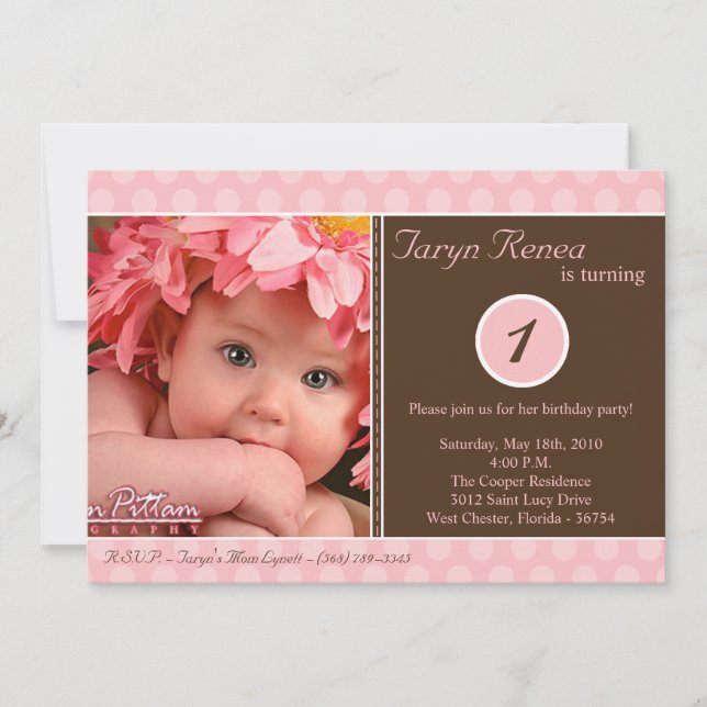 5x7 Pink Polka dot Photo Birthday Party Invitation (Front)