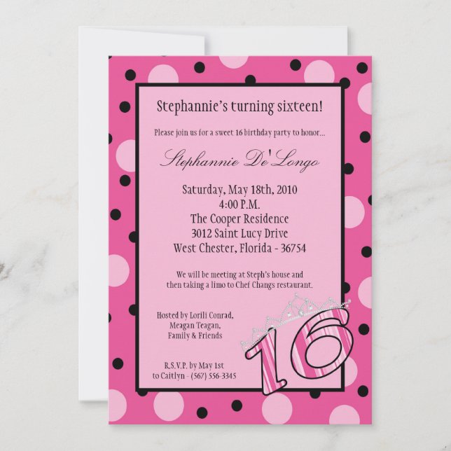 5x7 Pink Polka Sweet 16 Birthday Party Invitation (Front)