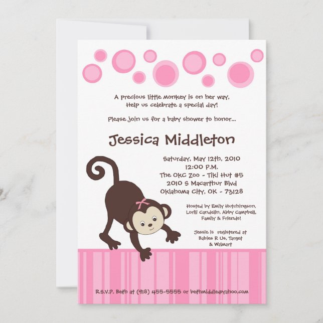 5x7 Pink Pop Monkey Dance Baby Shower Invitation (Front)