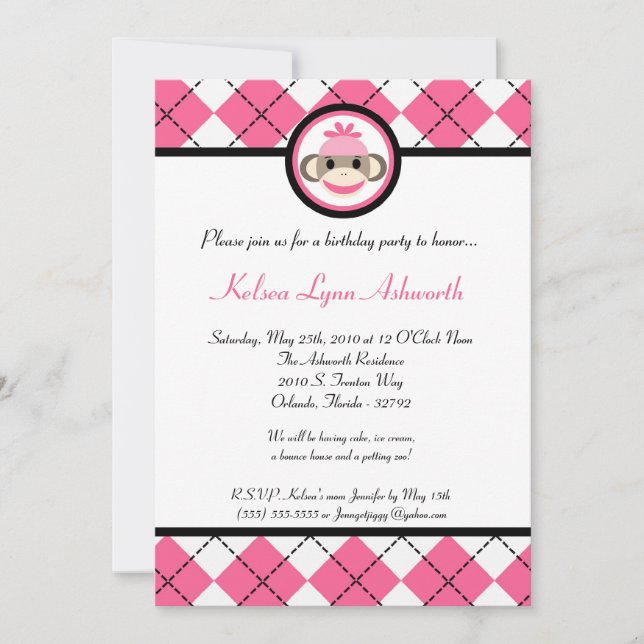 5x7 Pink Sock Monkey Toy Birthhday Part Invitation (Front)