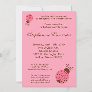 5x7 Pink Spring Lady Bug Birthday Party Invitation