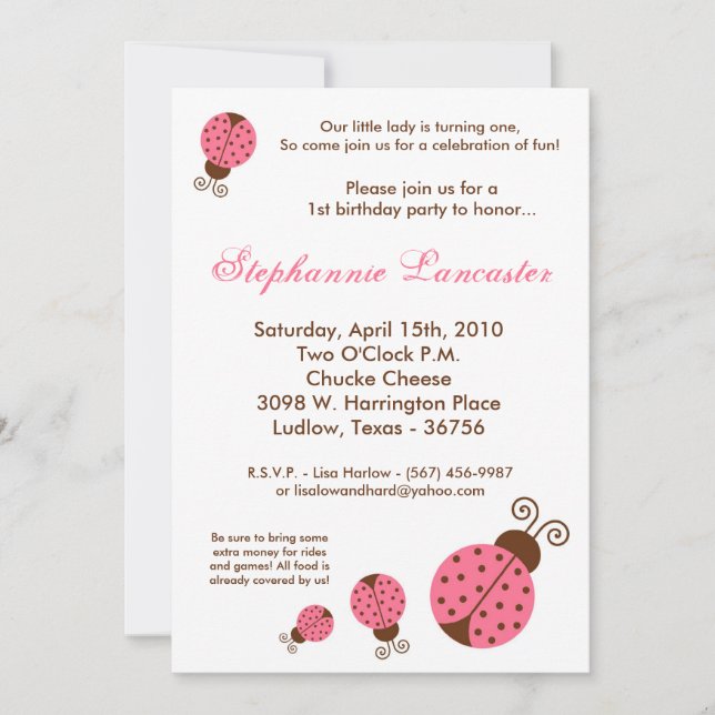 5x7 Pink Spring Lady Bug Birthday Party Invitation (Front)