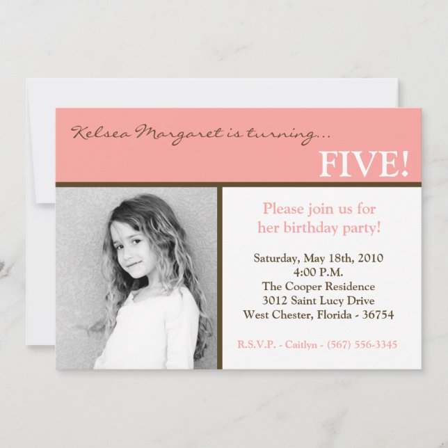 5x7 Pink Square Photo Birthday Party Invitation (Front)