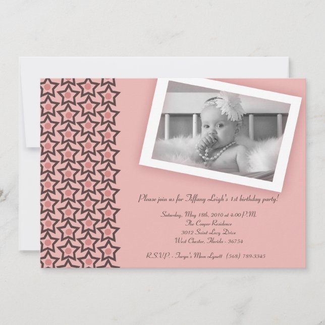 5x7 Pink Star Photo Birthday Party Invitation (Front)