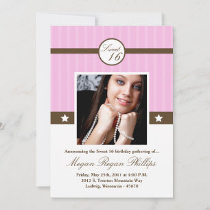5x7 Pink Stripe PHOTO Sweet 16 Birthday Invitation