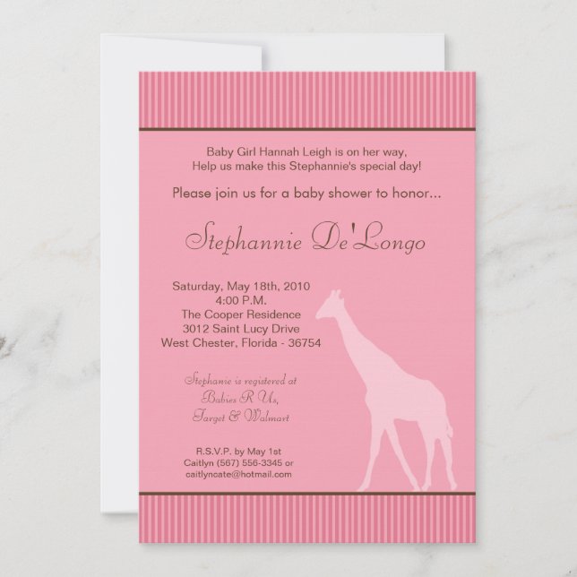 5x7 Pink Striped Giraffe Baby Shower Invitation (Front)