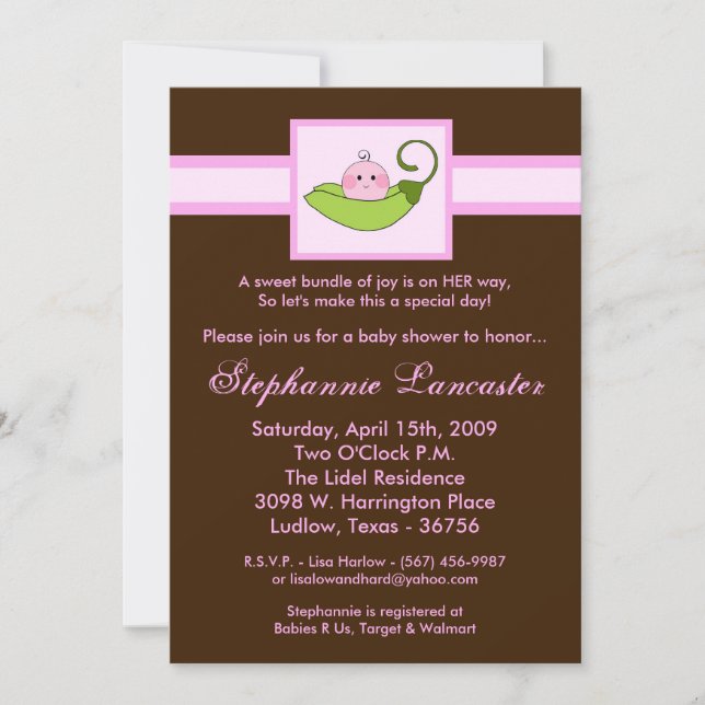 5x7 Pink Sweet Pea in Pod Baby Shower Invitation (Front)