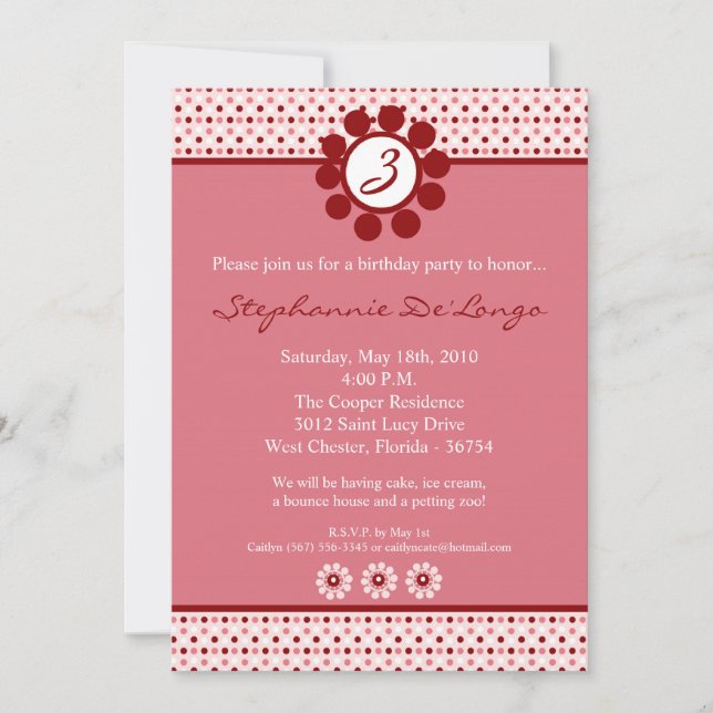 5x7 Pink Sweetheat PolkaDot Birthday Invitation (Front)