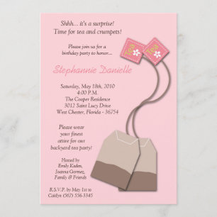 5x7 Pink Tea Bag Tea Party Birthday Invitation