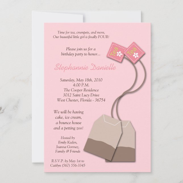 5x7 Pink Tea Bag Tea Party Birthday Invitation (Front)
