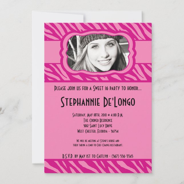 5x7 Pink Zebra PHOTO Sweet 16 Birthday Invitation (Front)