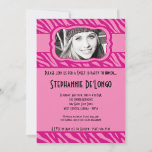 5x7 Pink Zebra PHOTO Sweet 16 Birthday Invitation