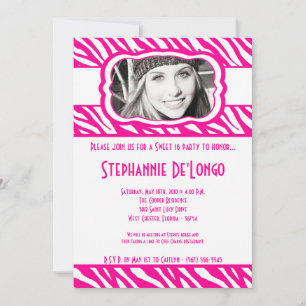 5x7 Pink Zebra PHOTO Sweet 16 Birthday Invitation