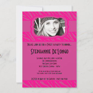 5x7 Pink Zebra PHOTO Sweet 16 Birthday Invitation