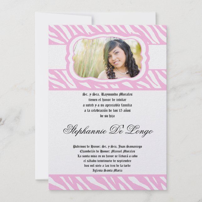 5x7 Pink Zebra Print Patter Quinceanera Invitation (Front)