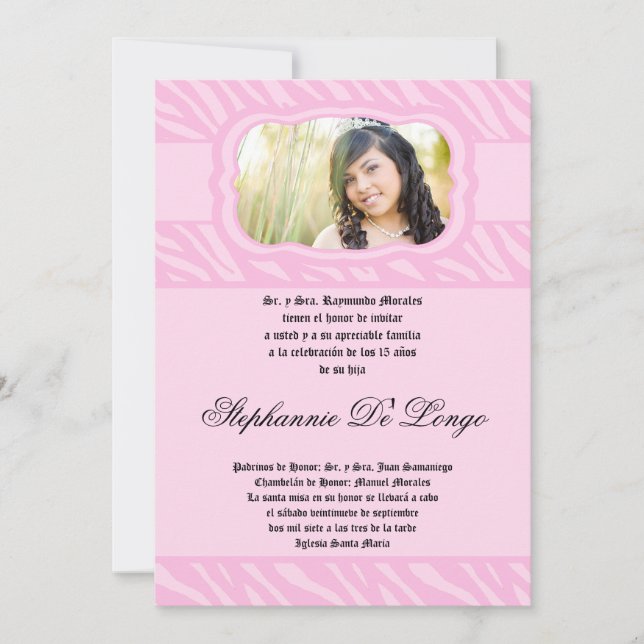 5x7 Pink Zebra Print Patter Quinceanera Invitation (Front)