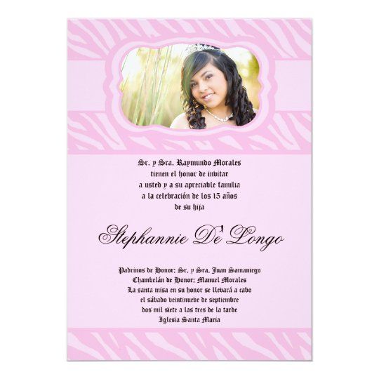 5x7 Pink Zebra Print Patter Quinceanera Invitation