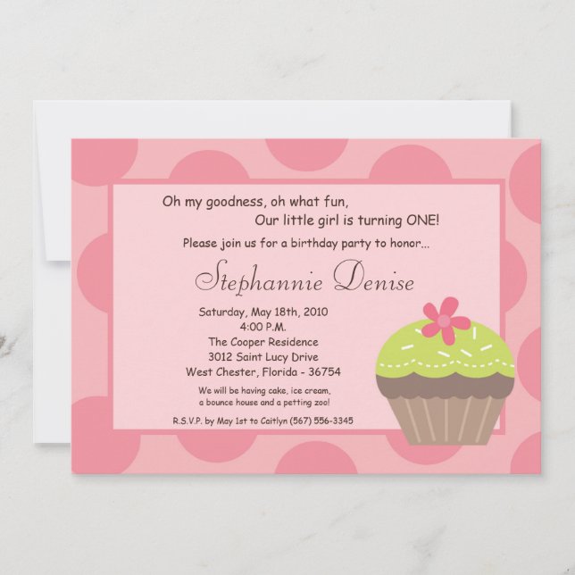 5x7 Polka Dot Cup Cake Birthday Party Invitation (Front)