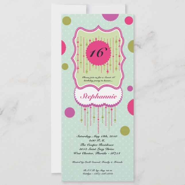 5x7 Polka Dot Ornate Sweet 16 Birthday Invitation (Front)