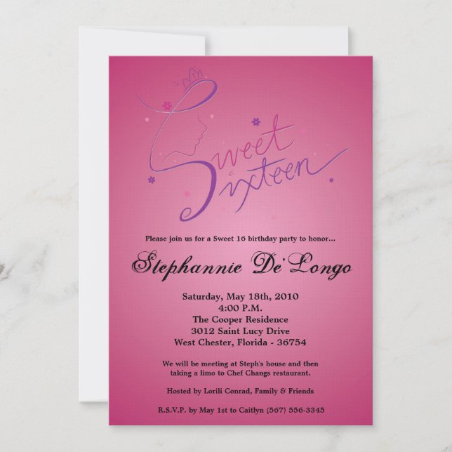5x7 Princess Girl Sweet 16 Birthday Invitation (Front)