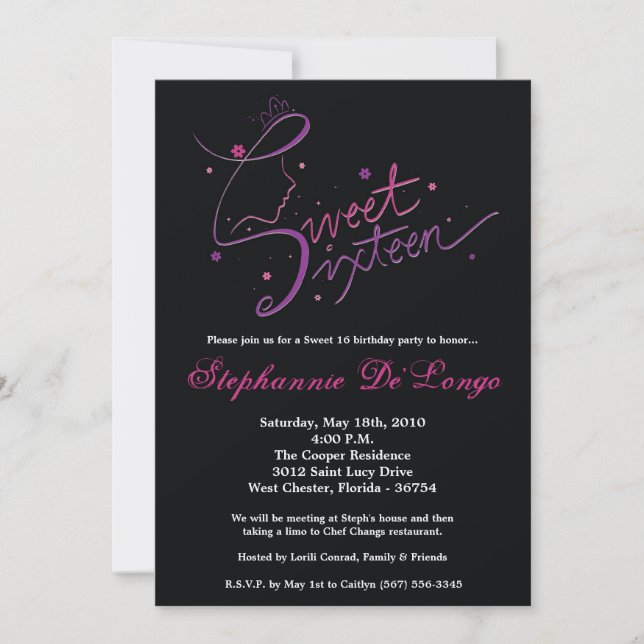 5x7 Princess Girl Sweet 16 Birthday Invitation (Front)