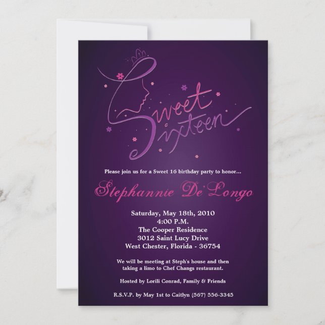 5x7 Princess Girl Sweet 16 Birthday Invitation (Front)