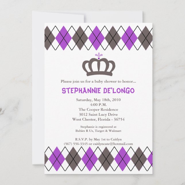 5x7 Purpl Grey Argyle Crown Baby Shower Invitation (Front)