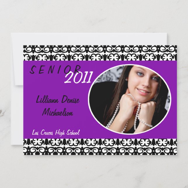5x7 Purple Damask Photo Senior Announcement (Front)