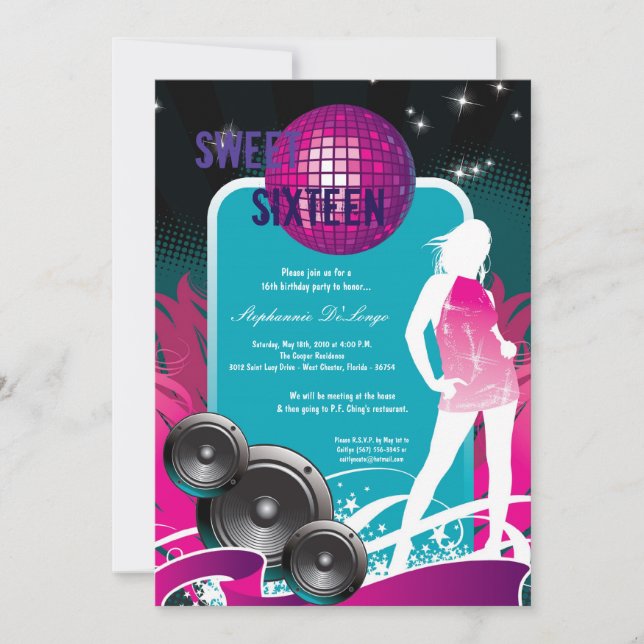 5x7 Purple Dance Party DJ 16th Birthday Invitation (Front)