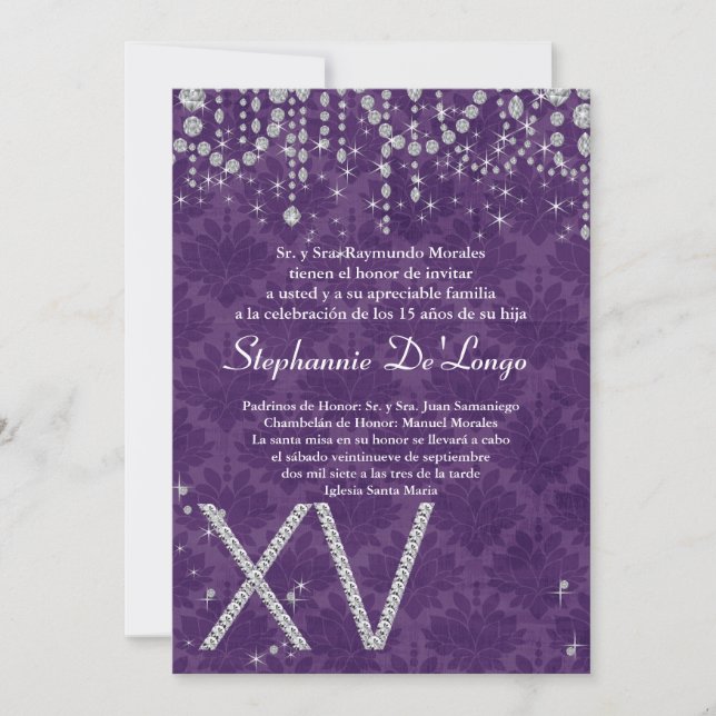 5x7 Purple Diamond Quinceanera Birthday Invitation (Front)