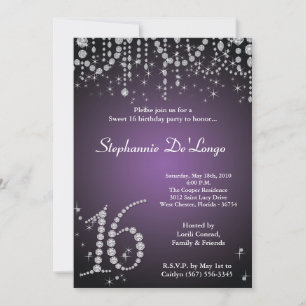 5x7 Purple Diamond Sweet 16 Birthday Invitation