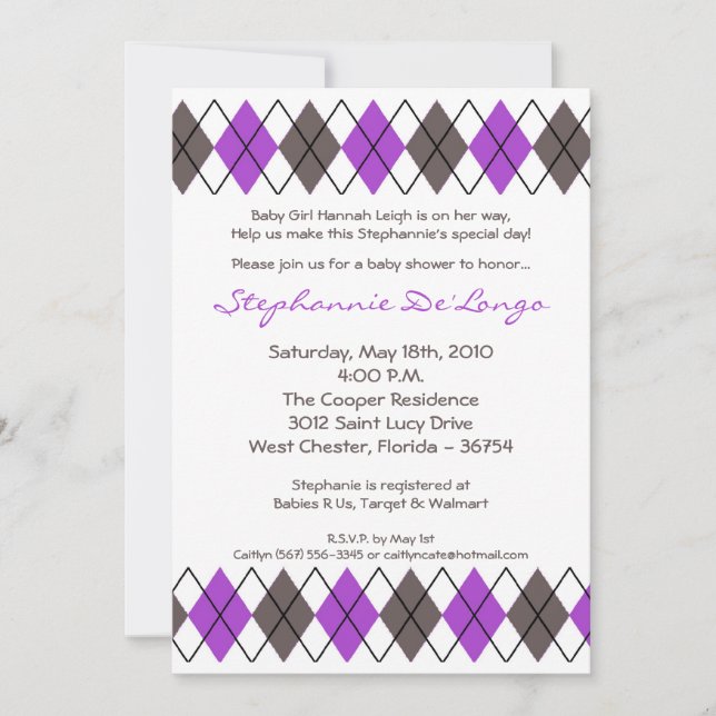 5x7 Purple Grey Argyle Punk Baby Shower Invitation (Front)