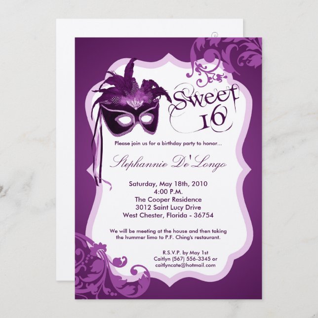 5x7 Purple Masquerade Mask 16 Birthday Invitation (Front/Back)