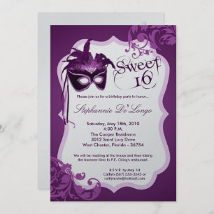 5x7 Purple Masquerade Mask 16 Birthday Invitation