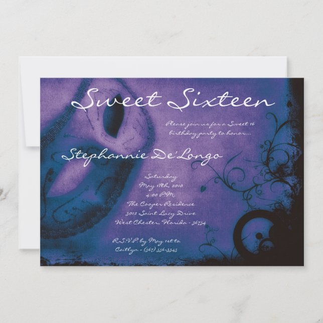 5x7 Purple Masquerade Sweet 16 Birthday Invitation (Front)