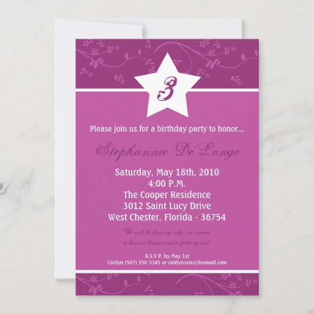 5x7 Purple STAR Flower Birthday Party Invitation (Front)