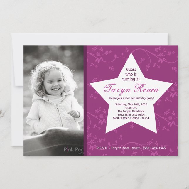 5x7 Purple STAR Photo Birthday Party Invitation (Front)