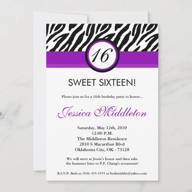 5x7 Purple Zebra Print 16th Birthday Invitation (Front)