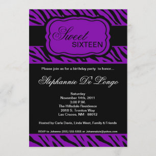 5x7 Purple Zebra Print Birthday Party Invitation