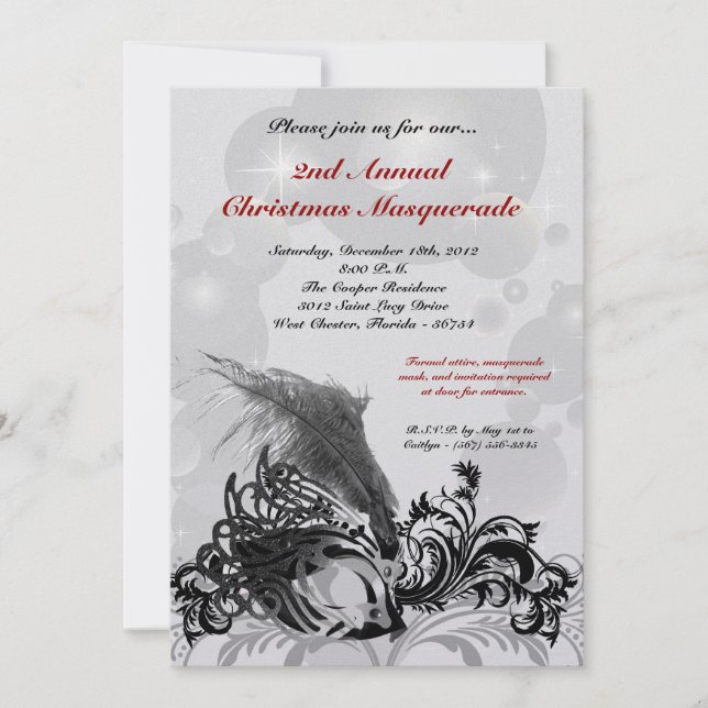 5x7 Red Black Masquerade Christmas XMAS Invitation (Front)