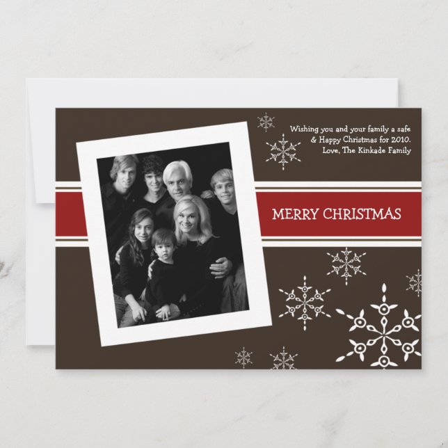 5x7 Red Brown Snowflakes PHOTO Christmas Card (Front)