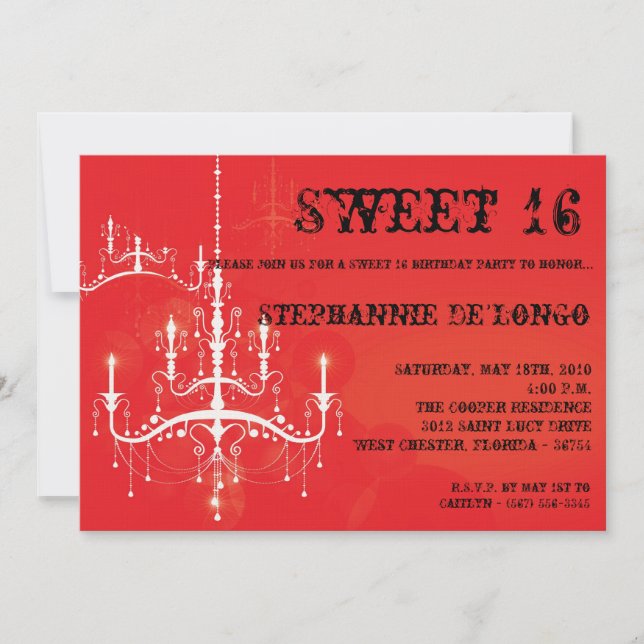 5x7 Red Chandelier Sweet 16 Birthday Invitation (Front)