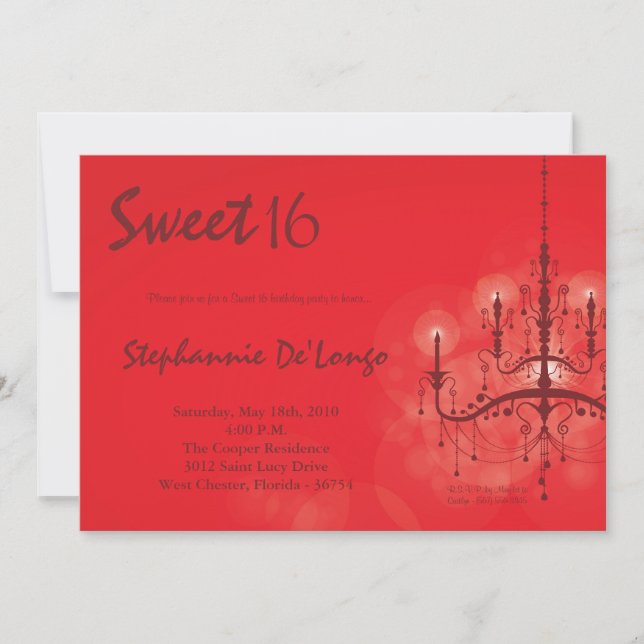 5x7 Red Chandelier Sweet 16 Birthday Invitation (Front)