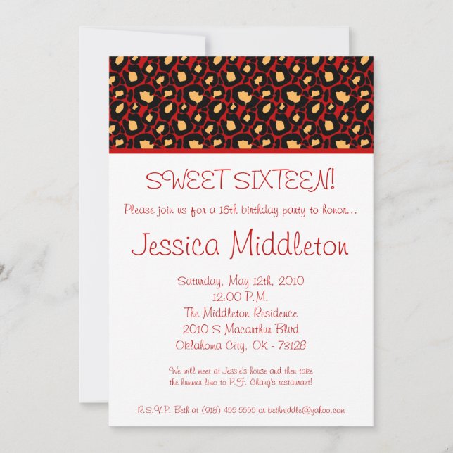 5x7 Red Cheetah Print 16th Birthday Invitation (Front)