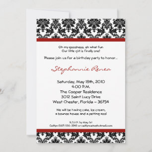 5x7 Red Crimson Damask Birthday Party Invitation