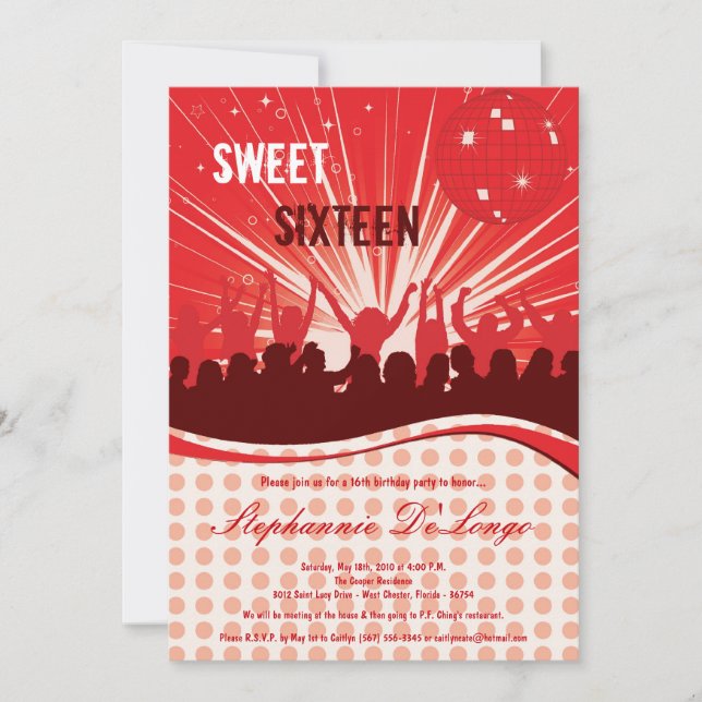 5x7 Red Dance Party 16th Birthday Invitation (Front)